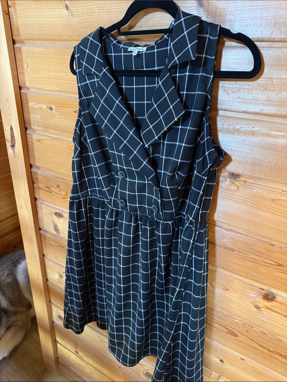 Sleeveless Black Windowpane Midi Dress with Notch Collar